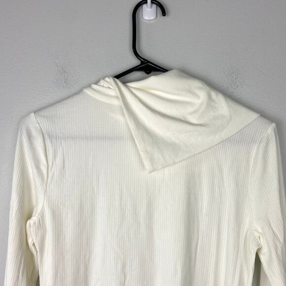 Ann Taylor Foldover Draped Neck‎ Top White Long Sleeve Ribbed Knit Size Small - Picture 6 of 9